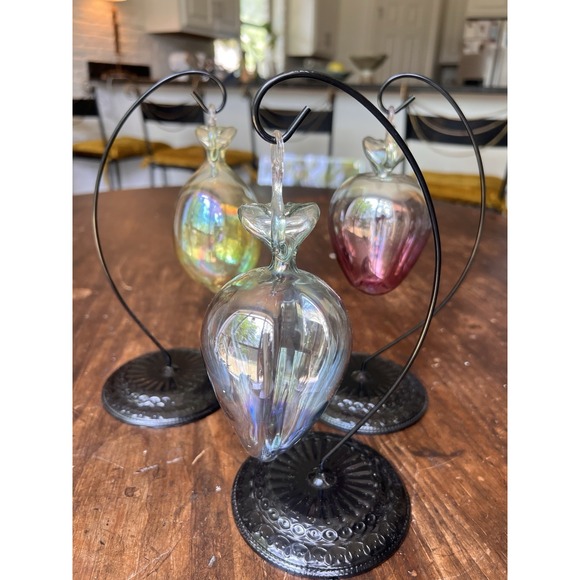 SET of 3 Vintage Italian Artisan HAND BLOWN GLASS Fruit Ornaments + Stands - Picture 2 of 16